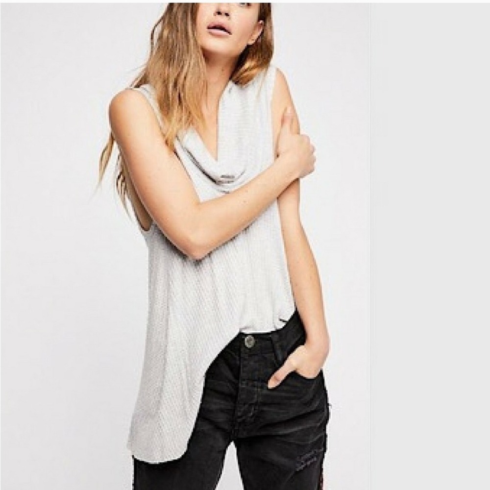 Free People -1649 NWT Swing It Cowl Neck Grey Sleeveless Waffle Knit Tunic Top M